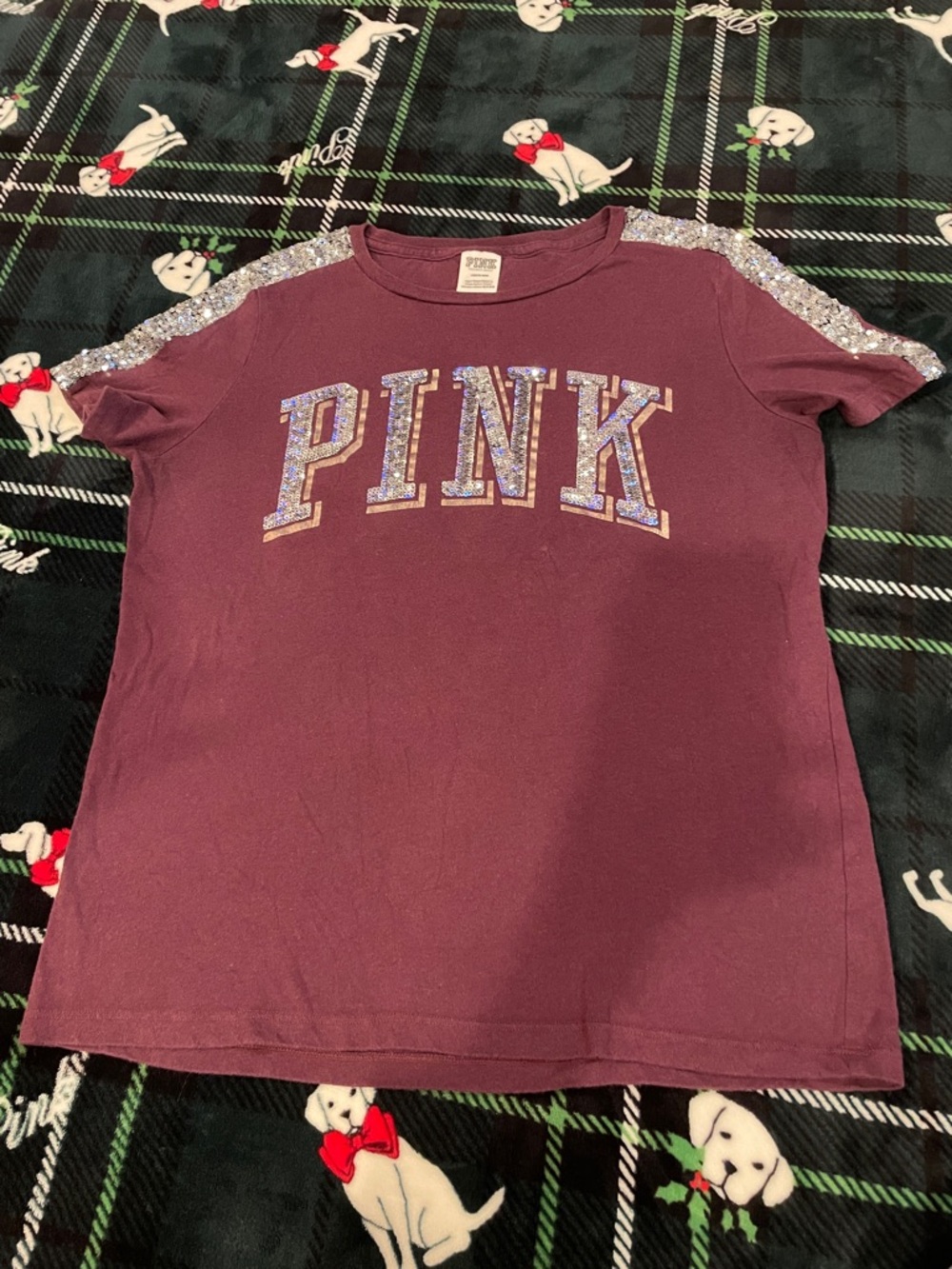 PINK Victoria's Secret Maroon Tee with Sequin Shoulder Stripes